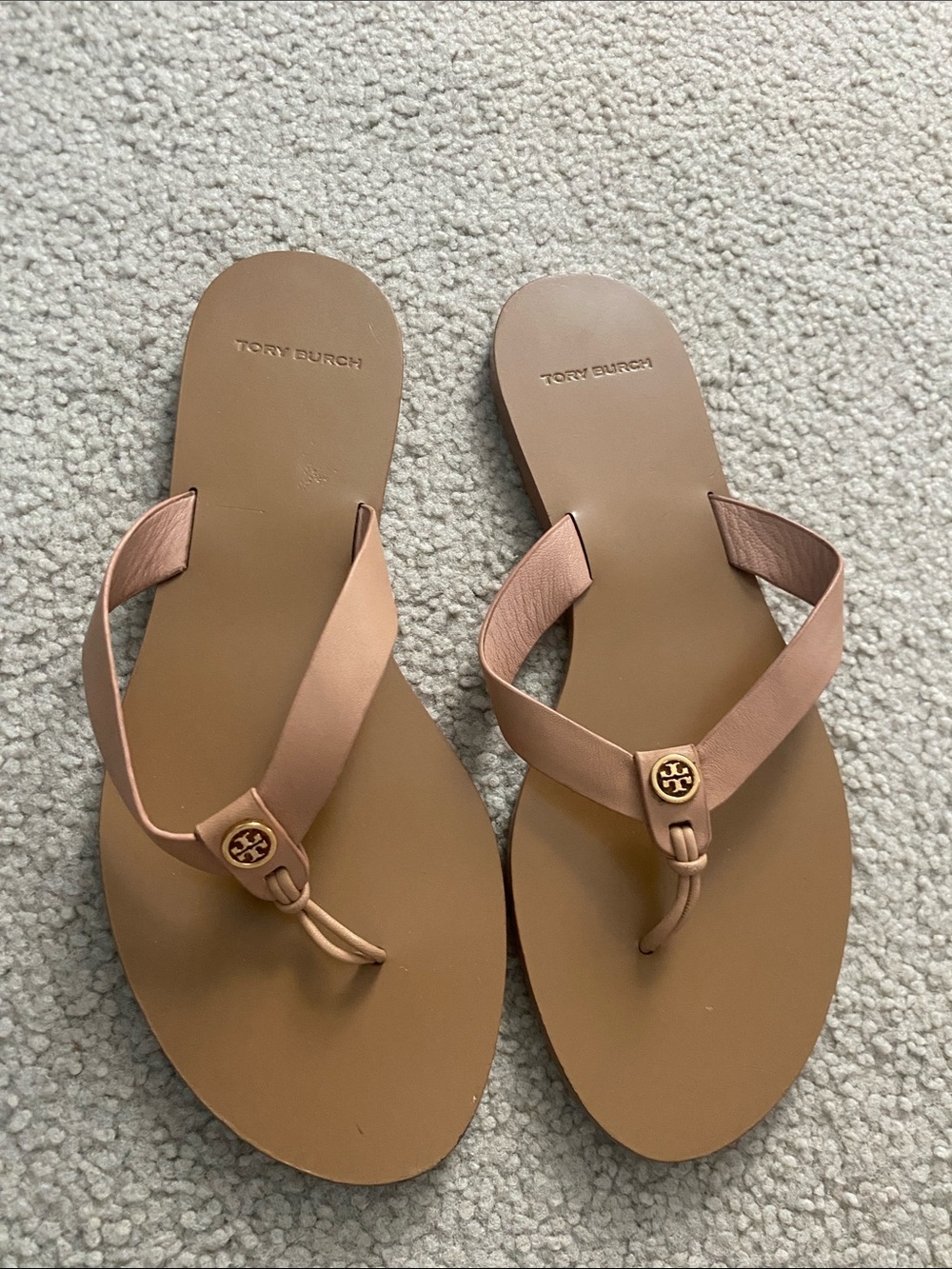 Tory Burch Rose Tan Leather Logo Thong Sandals